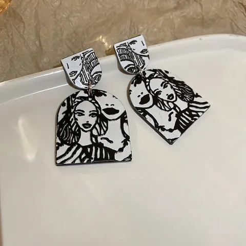 Abstracte Gezichtslijn Hangende Oorbellen Met Zilveren Oorsteker Zwart Wit Geometrische Acryl Drop Sieraden Voor Dames