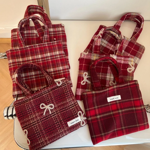 Retro Red Plaid Woolen Handbag With Bowknot Decor Mini Tote Purse Soft Fabric Small Casual Pouch