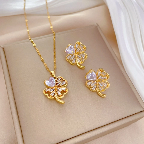 Kleeblatt Halskette Und Ohrstecker Titanstahl Kupfer Zirkonia Mit Silver Earring Post Eleganter Damenschmuck