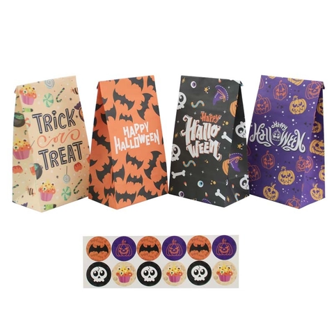 Halloween Gift Bags With Sealing Stickers Kraft Paper Greaseproof Square Bottom Treat Bags For Party Favors Happy Halloween Pattern
