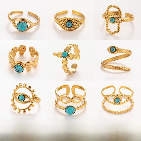 Anello Vintage in Acciaio Inossidabile con Pietra Naturale Placcato Oro Anello Aperto Regolabile Malocchio Mano di Fatima Teschio Serpente Gioielli Boho