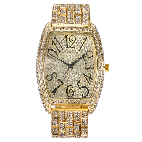 Women Luxury Quartz Watch Full Rhinestone Tonneau Shaped Alloy Metal Wristwatch With Large Numerals Fashion Jewelry Watch