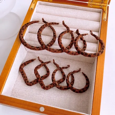 Orecchini A Cerchio Con Stampa Leopardata Tessuto Floccaggio Retrò Geometrico Con Perno In Argento Sterling 925