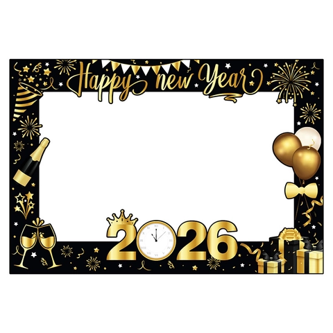 Happy New Year Foto Requisite Rahmen 2026 Schwarz Gold Papier Party Deko Requisiten Selfie Zubehör
