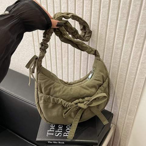 Nylon Pleated Shoulder Bag Bow Decoration Crescent Underarm Cloud Bag Minimalist Casual Fashion Women