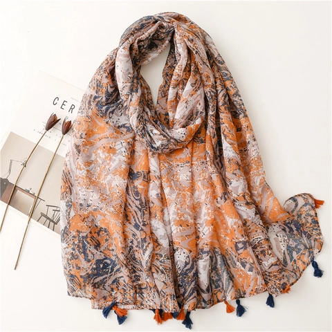 Abstract Marble Ink Splash Print Shawl Scarf Voile Polyester Fabric Long Tassel Wrap Artistic Retro Lightweight Elegant Accessory For Women