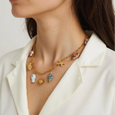 Ocean Theme Pendant Necklace Stainless Steel Alloy Enamel Sea Star Shell Conch Summer Beach Holiday Jewelry For Women