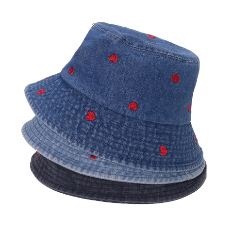 Damen Denim Baumwolle Fischerhut Herz Gänseblümchen Stickerei Sonnenschutz Outdoor Lässig Sommer Hut