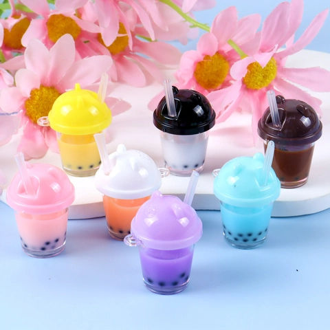 Miniature Bubble Tea Cup Pendants Resin Simulation Liquid With Cat Ear Lids For DIY Keychain Bag Jewelry Accessory