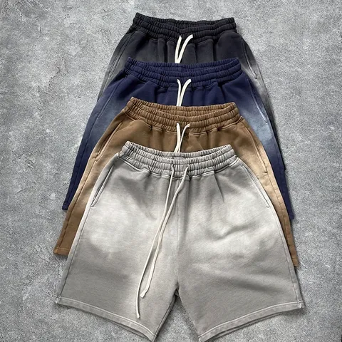 Ανδρικό Σορτς 100% Βαμβάκι Heavyweight Spray Dyed Gradient Retro Distressed Streetwear Casual Χαλαρό Κορδόνι Sweat Shorts