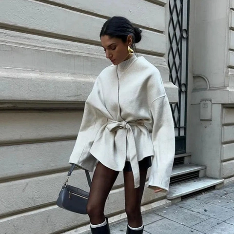 Women Short Woolen Jacket Belted Lapel Solid Color Casual Elegant Outerwear Cream White French Style Coat