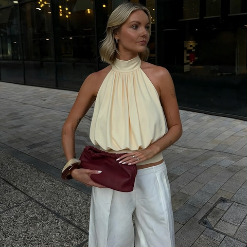 Γυναικείο Halter Neck Πλισέ Crop Top Εξώπλατο Σατέν Υφή Μονόχρωμο Slim Fit Σέξι Καλοκαιρινό Tank Top