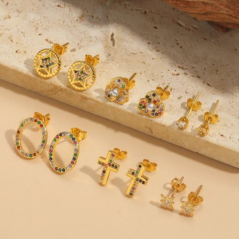 Orecchini a Bottone Vintage in Rame Oro Zirconia Multicolore Croce Stella Fiore Intarsiato Hip Hop Orecchini Geometrici Donna