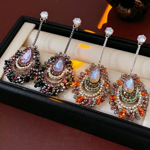 Wassertropfen Hängeohrringe Legierung Zirkon Kristall Bunte Perlen Lange Quaste Vintage Ethnisch Frauen Silber Ohrstecker