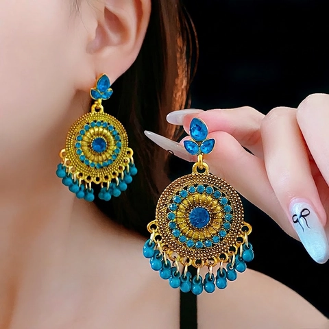 Vintage Bohème Tropfenohrringe Mit Stahl-Ohrstecker Legierung Strass Runde Blume Quaste Ethno Schmuck Frauen Luxus