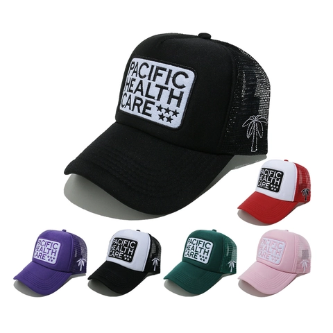 Trucker Hat Mesh Breathable Polyester Letter Patch Coconut Tree Embroidery Summer Beach Hip Hop Snapback Cap