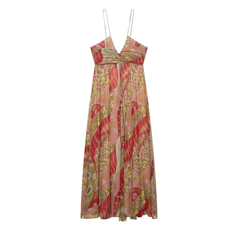 Bohemian Printed Camisole Maxi Dress For Women Sleeveless V Neck Pleated Chiffon Texture Polyester Vacation Summer