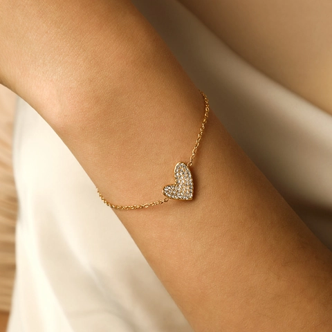 Elegante Collana E Bracciale Con Pendente A Cuore Acciaio Inossidabile Placcato Oro Micro Pavé Zircone Per Donna