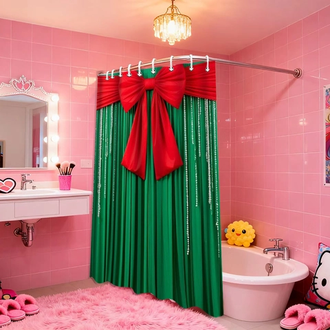 Christmas Shower Curtain Waterproof Polyester Plastic Hooks Large Red Bow Festive Bathroom Decor Pine Tree Diamond Print