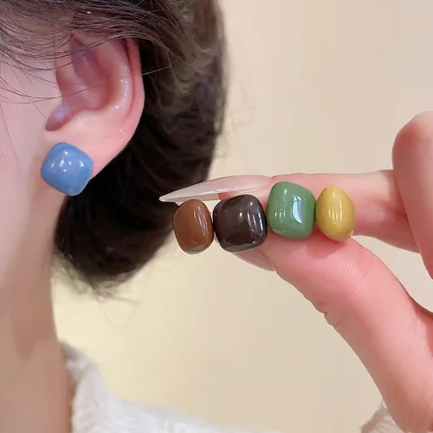 Resin Square Stud Earrings With Silver Earring Post Colorful Dopamine Style Simple Geometric Jewelry For Women