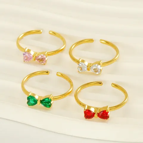 Schleife Ring 18K Vergoldet Edelstahl Herz Zirkon Verstellbar Offen Trendiger Schmuck Damen