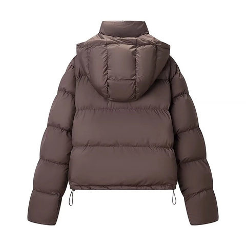 Women Puffer Jacket Detachable Hooded Winter Coat Casual Solid Color Brown Zip Up Snap Button Outerwear Warm Long Sleeve