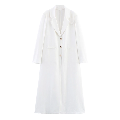 Lange Trenchcoat Dames Linnenlook Polyester Reverskraag Single Breasted Losjes Elegant Kantoor Bovenkleding Wit