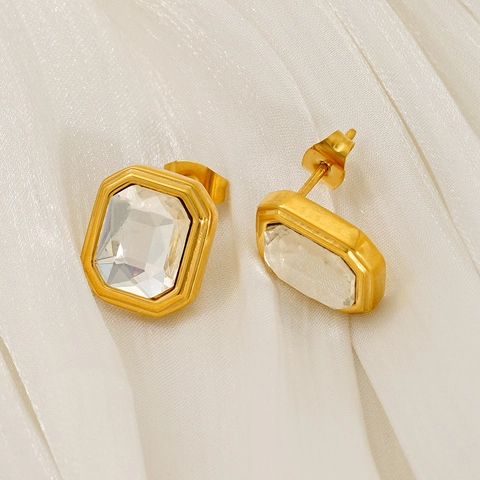 Emerald Cut Zircon Stud Earrings 18K Gold Plated Stainless Steel Retro Geometric Luxury Jewelry For Women