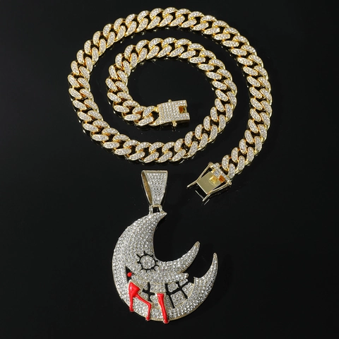 Collana Hip Hop Iced Out con Ciondolo a Luna Oro Argento Lega Strass Catena Cubana Smaltata Ciondolo Luna di Sangue per Uomo Donna Gioielli