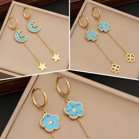 Long Tassel Drop Earrings Gold Plated Stainless Steel Faux Turquoise Star Moon Flower Dangle Jewelry For Women