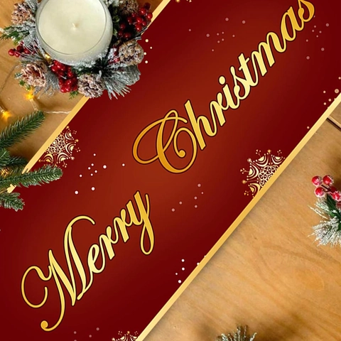 Chemin De Table De Noël Rouge Polyester Bonhomme De Neige Doré Imprimé Merry Christmas Décoration De Fête
