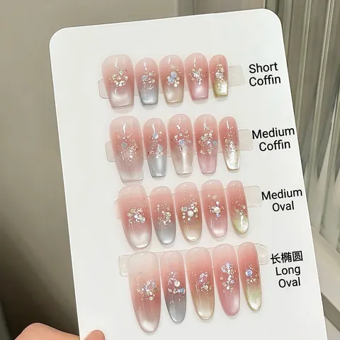 Pink Verlauf Katzenauge Magnetische Press On Nägel Glitzer Silber Pailletten Französisch Blush Stil Handgefertigt