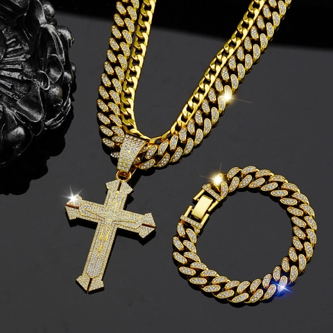 Collana Con Ciondolo A Croce Iced Out Hip Hop E Bracciale A Catena Cubana Lega Strass Gioielli Streetwear Per Uomo
