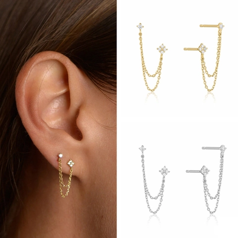 Double Piercing Kette Ohrstecker Zirkon Kupfer Mit 925 Sterling Silber Earring Post Floral Quaste Schmuck Damen