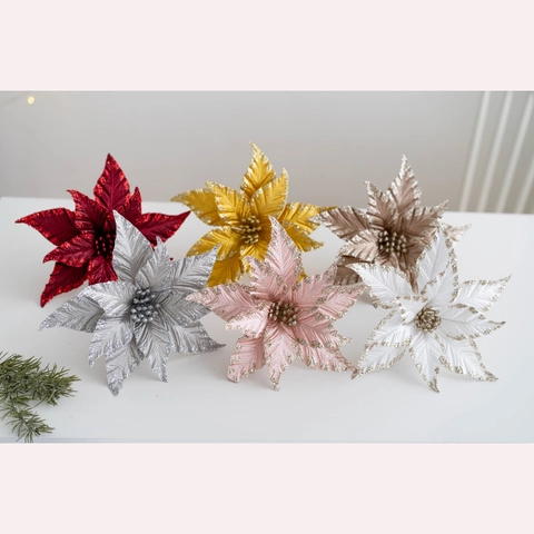 Artificial Christmas Poinsettia Flowers Glitter Fabric Xmas Tree Wreath Decor Holiday Home Party Ornament