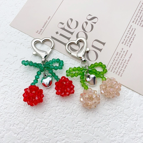 Portachiavi con Ciliegia di Perline Fatto a Mano Ciondolo a Cuore Strass Charm per Borsa Donna Ragazza Stile Coreano