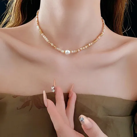 Collar De Cuentas Cobre Con Concha Y Perla Artificial De Agua Dulce Barroca Irregular Chapado Oro 14K Ajustable Choker Mujer