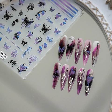 Autocollants D'art Ongles Gaufrés 3D Papillon Et Fleur PET Auto-adhésif Design Nom De Ville Pour Décoration Manucure
