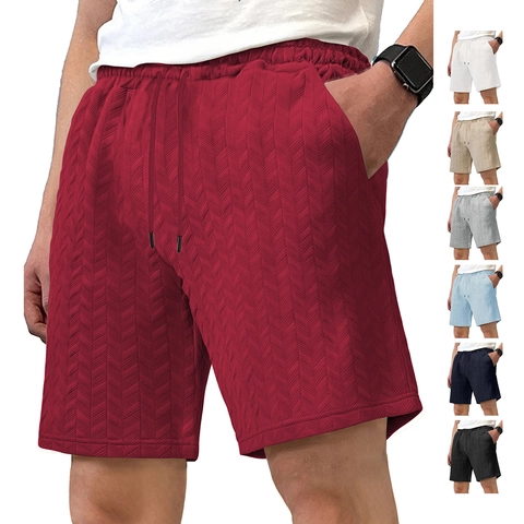 Men Casual Shorts Jacquard Textured Herringbone Fabric Summer Beach Sports Drawstring Elastic Waist Solid Color
