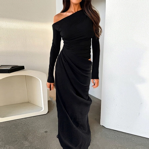 One Shoulder Maxi Dress Asymmetric Long Sleeve Cut Out Ruched Slim Fit Solid Color Elegant Sexy Party For Women