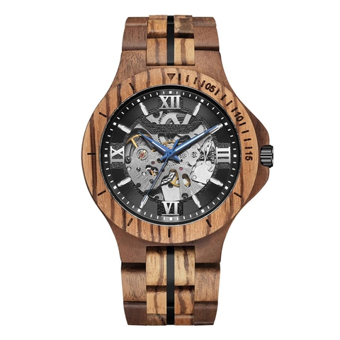 Skeleton Automatic Mechanical Watch Wood And Stainless Steel Roman Numerals Luminous Hands Men Retro Wristwatch