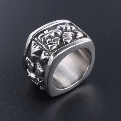 Gothic Punk Skull Ring Stainless Steel Vintage Biker Style Chunky Square Men Jewelry Retro Polished