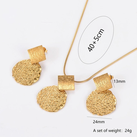 Gehamerde Textuur Vierkante Ronde Hanger Ketting En Oorbellen 18K Verguld Roestvrij Staal Elegante Accessoires Voor Dames