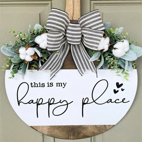 Cartello Benvenuto In Legno Rotondo Appendiporta Con Fiocco Iuta Eucalipto Artificiale Cotone Happy Place Decorazione Parete