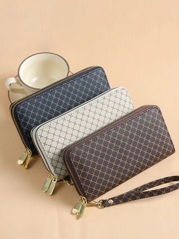 Damen Geldbörse Lang Doppelter Reißverschluss Clutch Tasche PU Leder Geometrischer Druck Große Kapazität Mit Handgelenkschlaufe