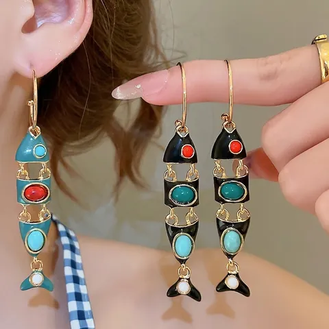 Vintage Fisch Ohrhänger Ethno Boho Stil Bunte Emaille Schmuck Mit 925 Sterling Silber Ohrring Stecker