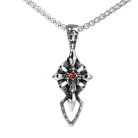 Gothic Cross Pendant Necklace With Wings Stainless Steel Red Rhinestone Vintage Fashion Statement Jewelry For Men