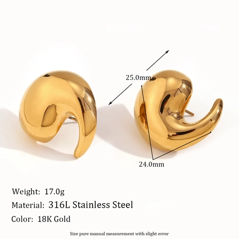 Irregular Cyclone Water Drop Oorknoppen 18K Verguld 316L Roestvrij Staal Hoogglans Gepolijst Minimalistisch Voor Dames