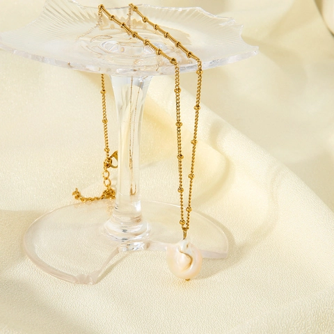 Collar de Acero Inoxidable con Colgante de Perla de Agua Dulce Natural Barroca para Mujer Joyas de Cadena de Bolas Chapadas en Oro