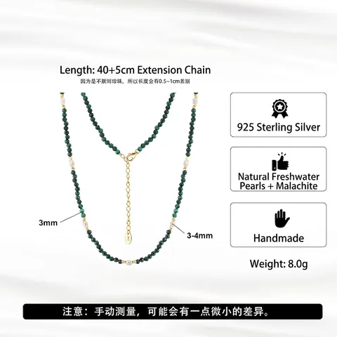 Collana in Argento Sterling 925 con Malachite e Perle d'Acqua Dolce Fatta a Mano per Donna Placcata Oro Girocollo di Perline Gioielli